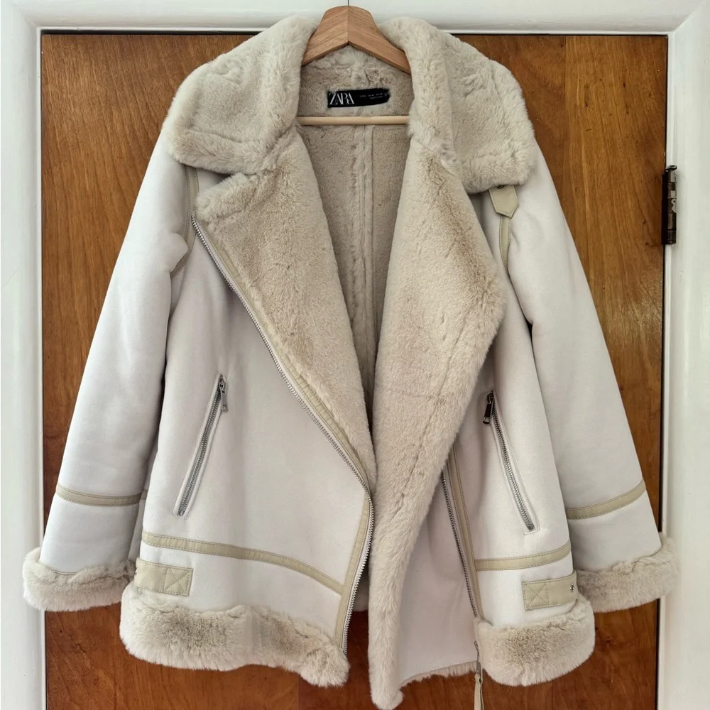 Zara Cream Faux Fur Moto Jacket - Picture 1 of 14